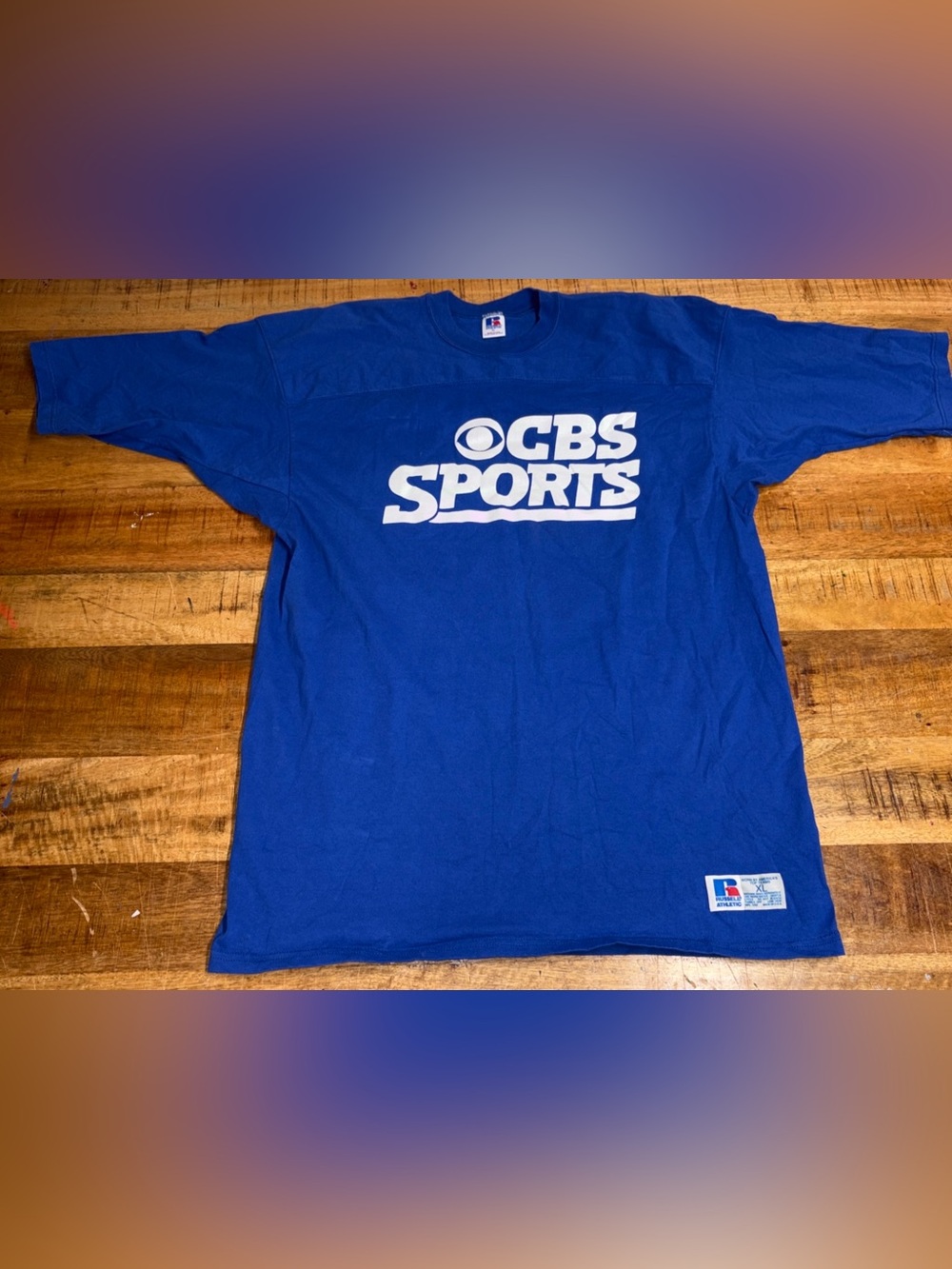 Rare Vintage Russell Athletics 1980s CBS SPORTS Blue T Shirt Made USA Excellent